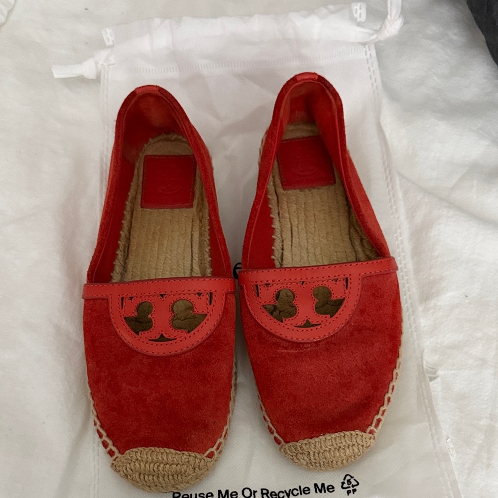 Tory Burch Red Suede Logo Espadrille Flats